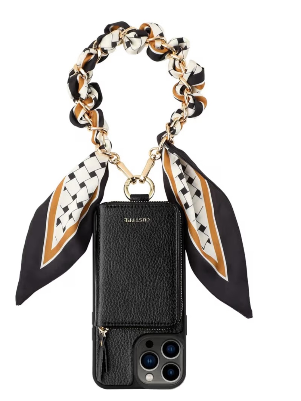 Black&Gold Wallet case for iPhone with card holder wrist strap with silk scarf💖💛